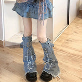 1 Pair Y2K Inspired Blue Denim Leg Warmers - Elegant Acrylic Knee-High Socks with Geometric Pattern, Tie-Up Closure for Women | Handwash/Dry Clean, Perfect for Stylish Commuters - KawaSocks